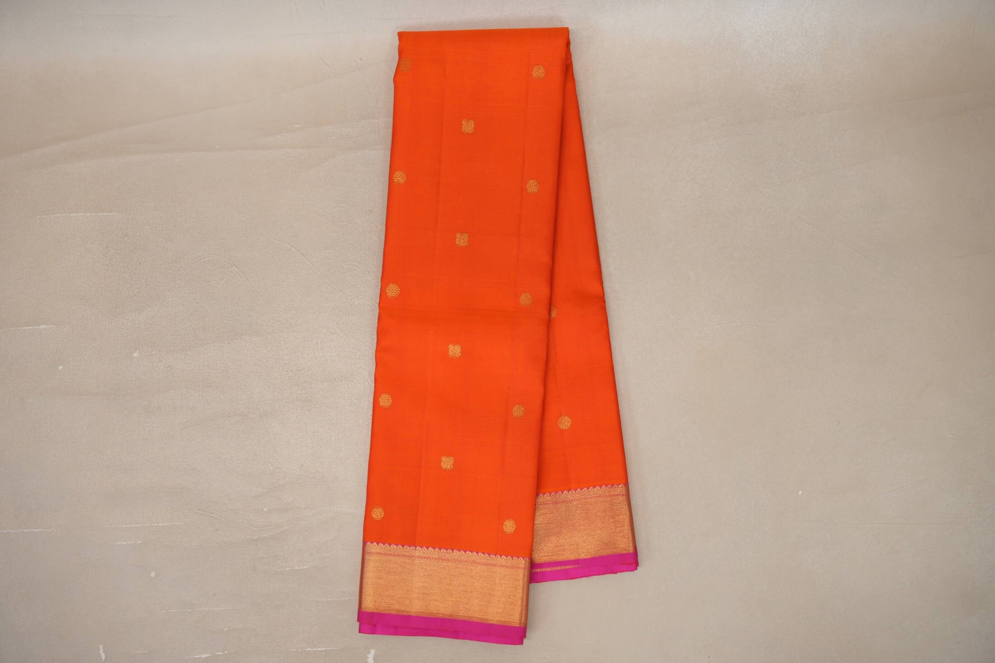 Online Bright Orange with Bright Pink Borders Vintage Kanjivaram Silk Saree