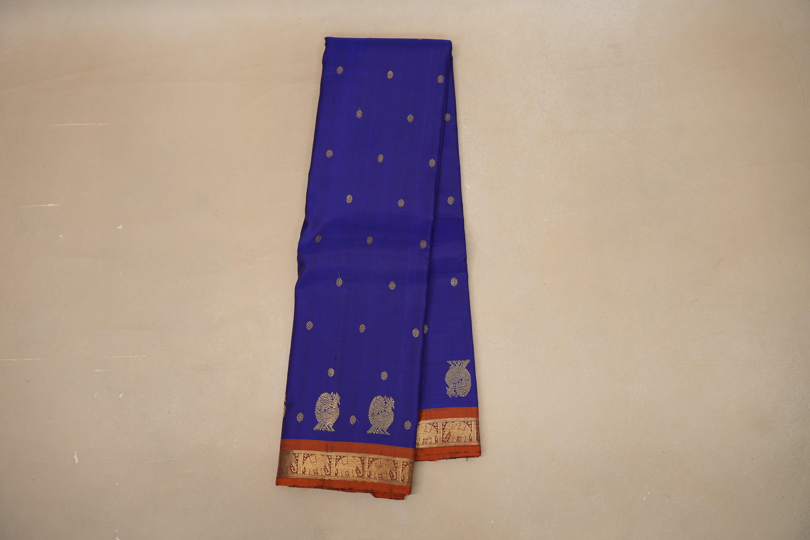 Deep blue with Copper Orange border Heirloom Kanjivaram Silk Saree SS8757