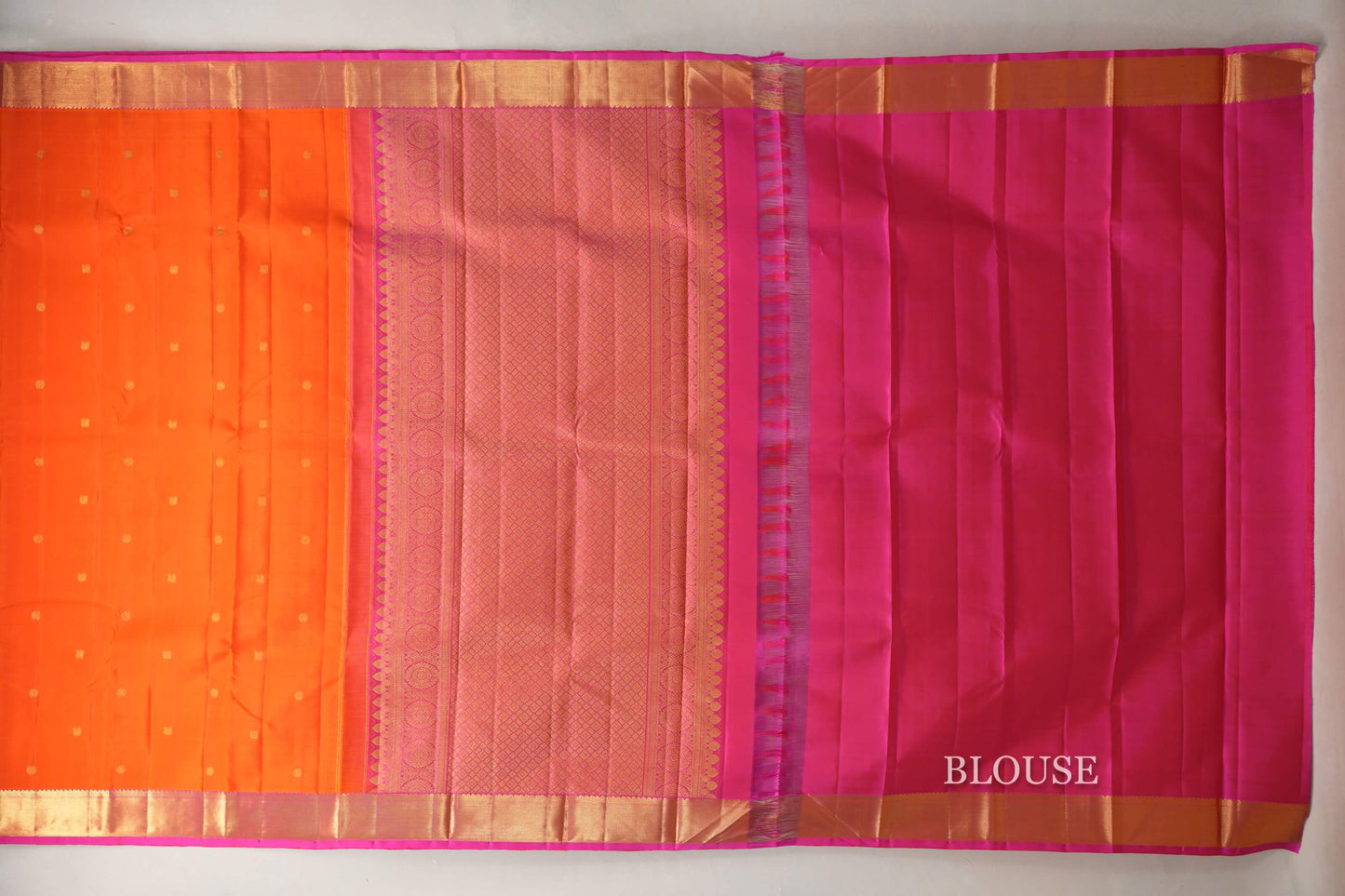Bright Orange with Bright Pink Borders Vintage Kanjivaram Silk Saree blouse