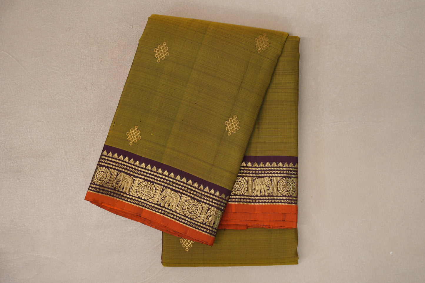 Mehandi Green with Deep Plum Borders Vintage Kanjivaram Silk Saree