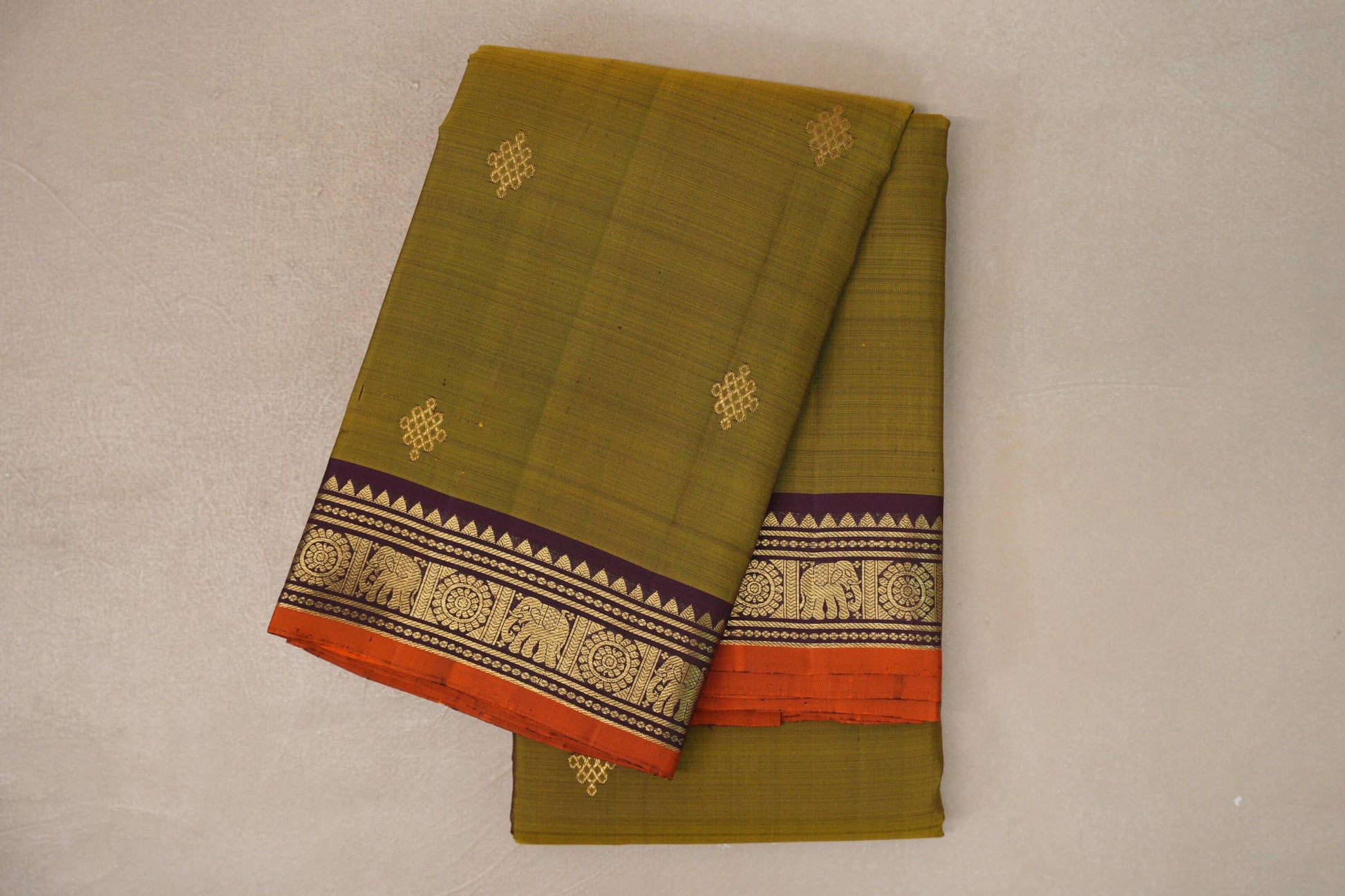 Mehandi Green with Deep Plum Borders Vintage Kanjivaram Silk Saree