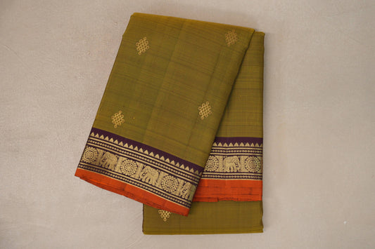 Mehandi Green with Deep Plum Borders Vintage Kanjivaram Silk Saree