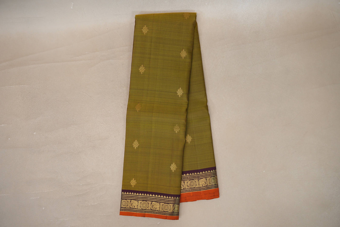Online Mehandi Green with Deep Plum Borders Vintage Kanjivaram Silk Saree