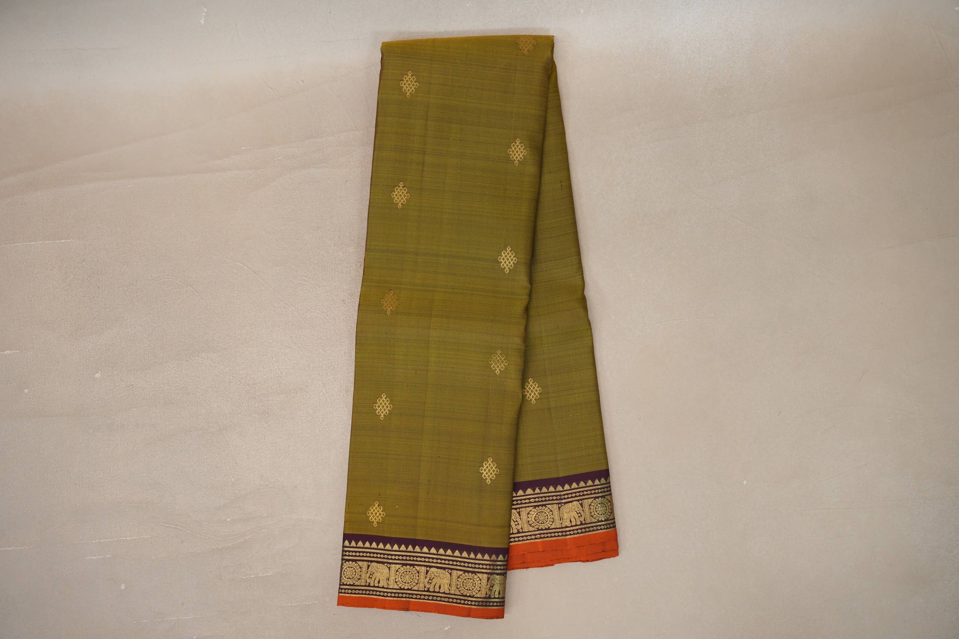 Online Mehandi Green with Deep Plum Borders Vintage Kanjivaram Silk Saree