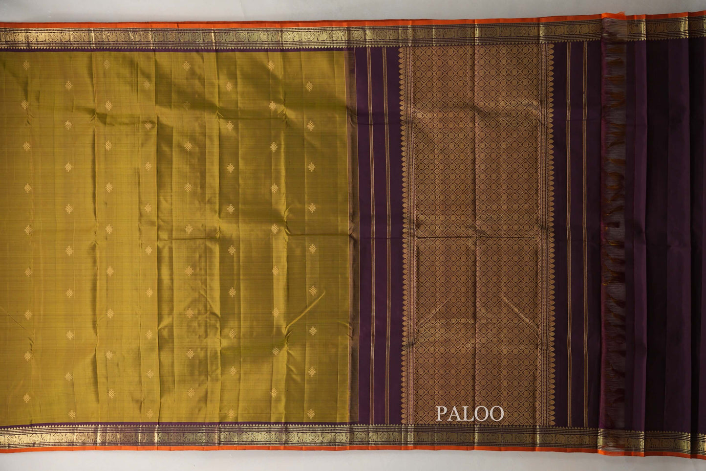 Mehandi Green with Deep Plum Borders Vintage Kanjivaram Silk Saree paloo