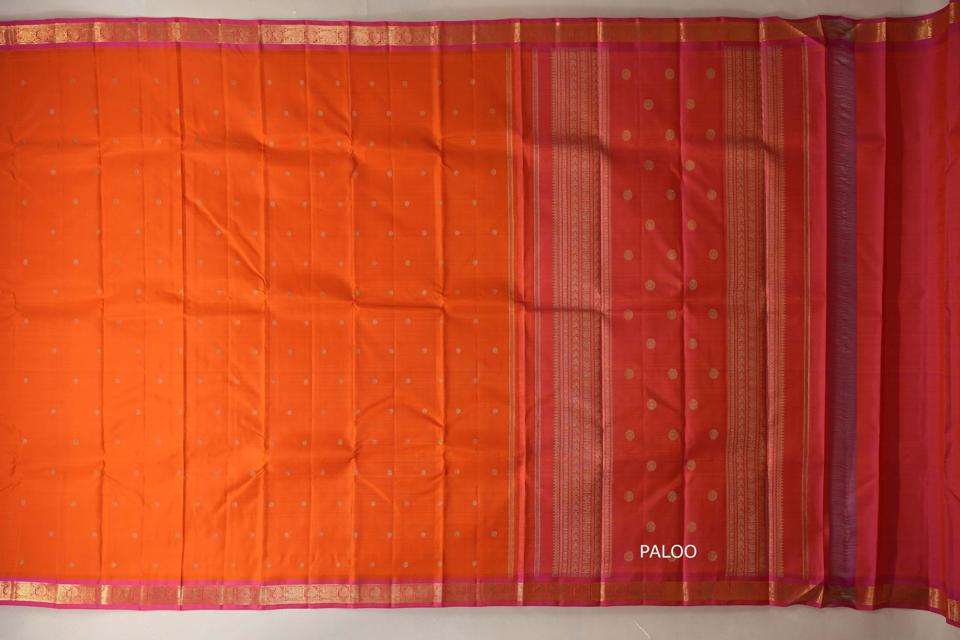 Orange with pink border Heirloom Kanjivaram Silk Saree paloo
