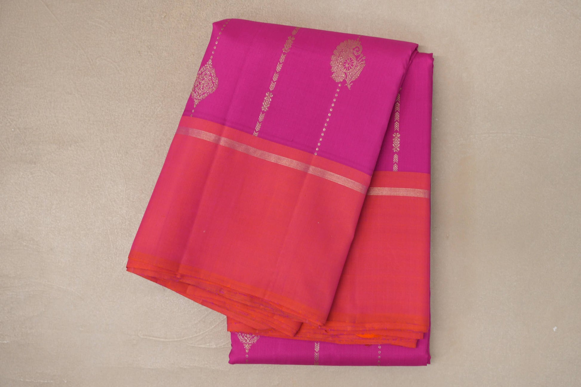 Bright Magenta with Pinkish Orange Borders Vintage Kanjivaram Silk Saree