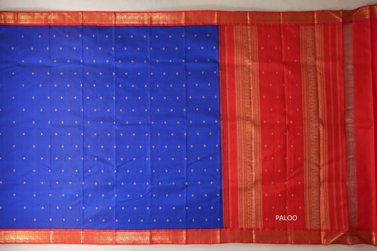 Royal blue with Tomato Red border Heirloom Kanjivaram Silk Saree by Shreenivas Silks paloo