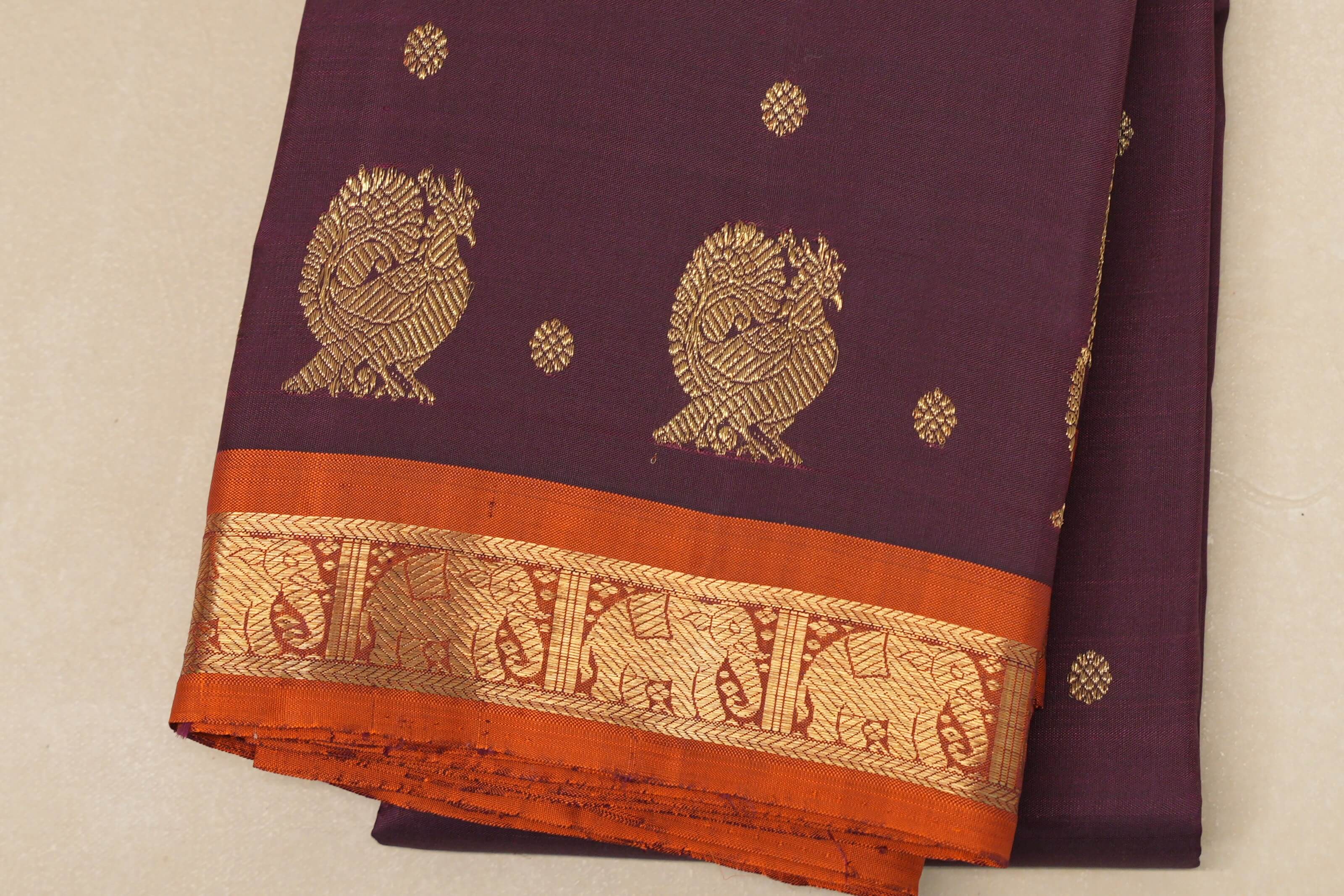 Deep wine with Copper Orange border Heirloom Kanjivaram Silk Saree SS8761