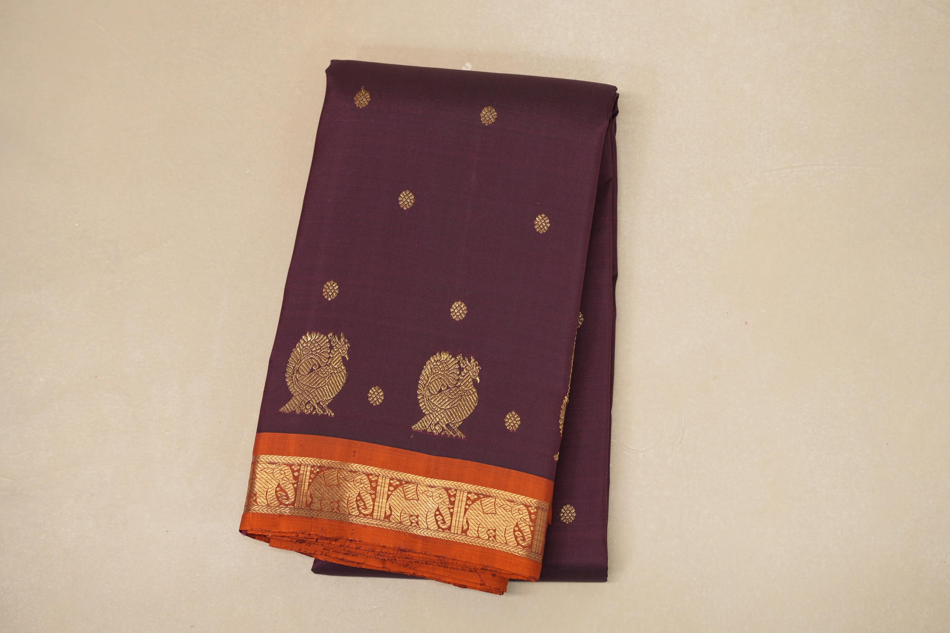 Deep wine with Copper Orange border Heirloom Kanjivaram Silk Saree SS8761