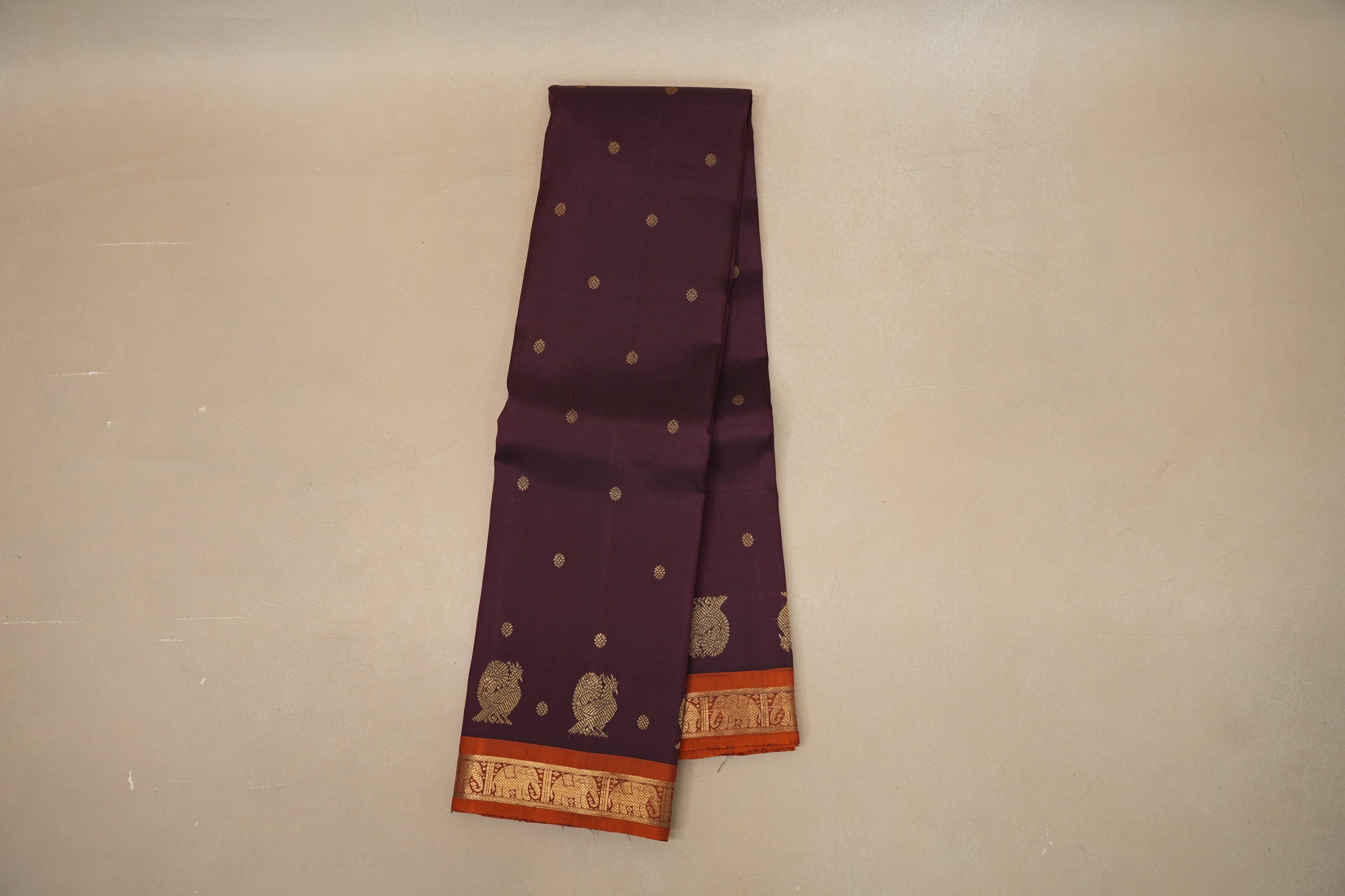 Deep wine with Copper Orange border Heirloom Kanjivaram Silk Saree SS8761