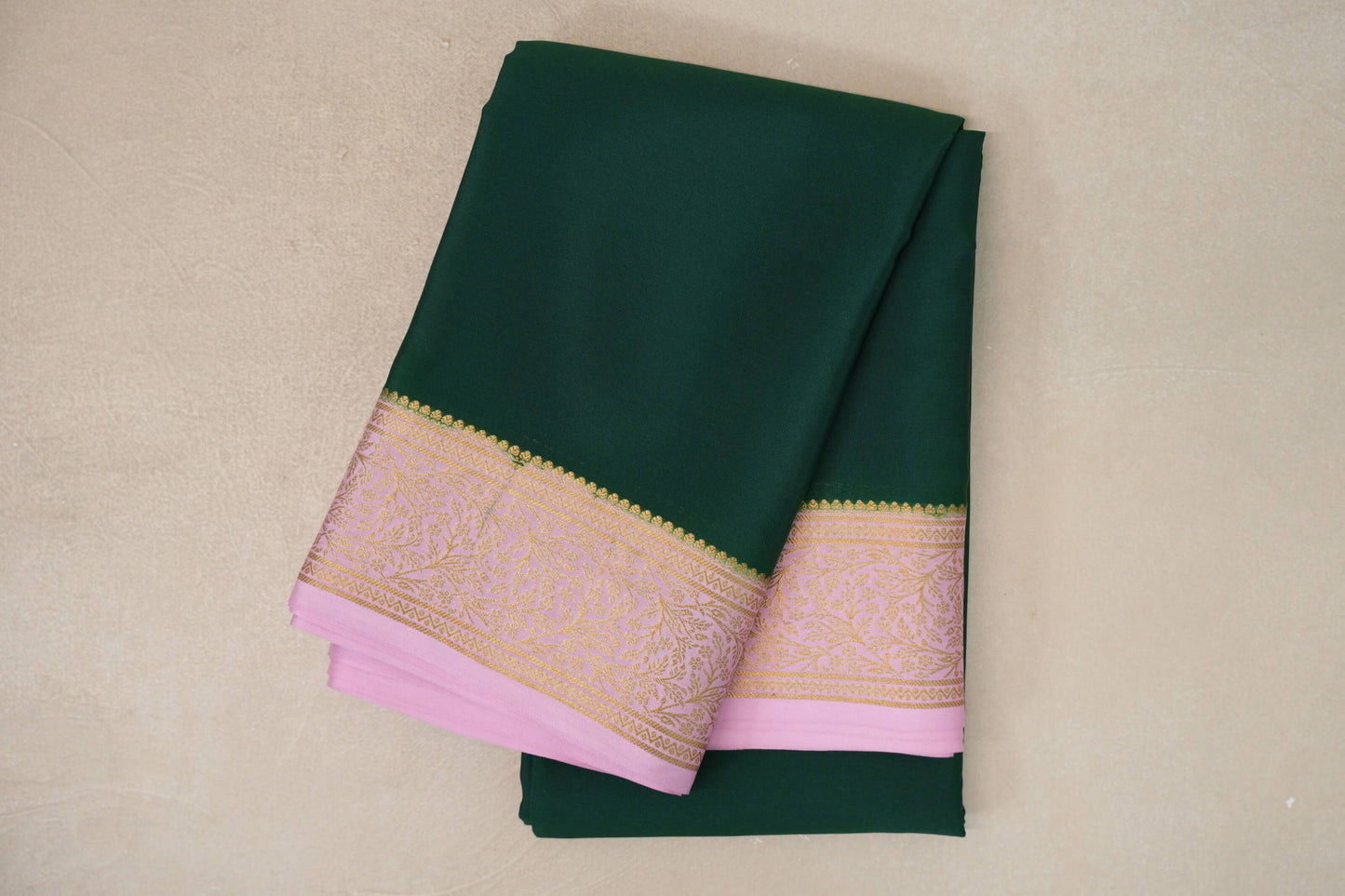 Bottle Green with Baby Pink Borders Mysore Silk Saree 