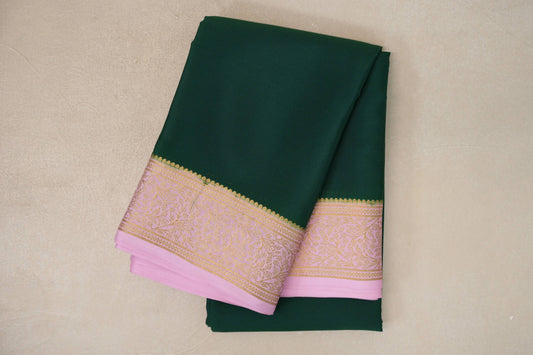 Bottle Green with Baby Pink Borders Mysore Silk Saree 