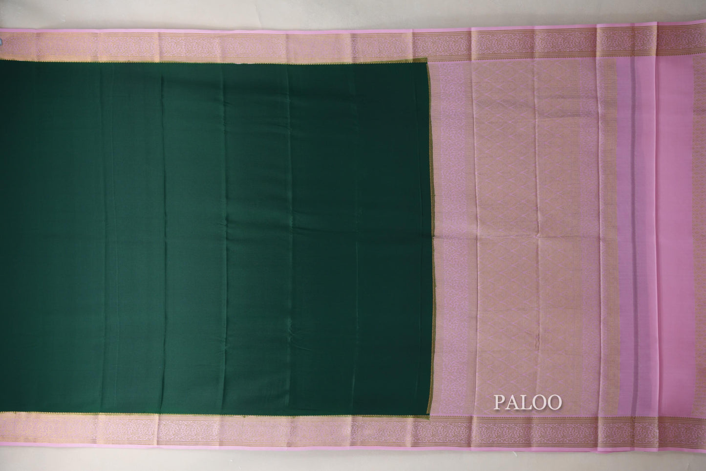 Bottle Green with Baby Pink Borders Mysore Silk Saree paloo