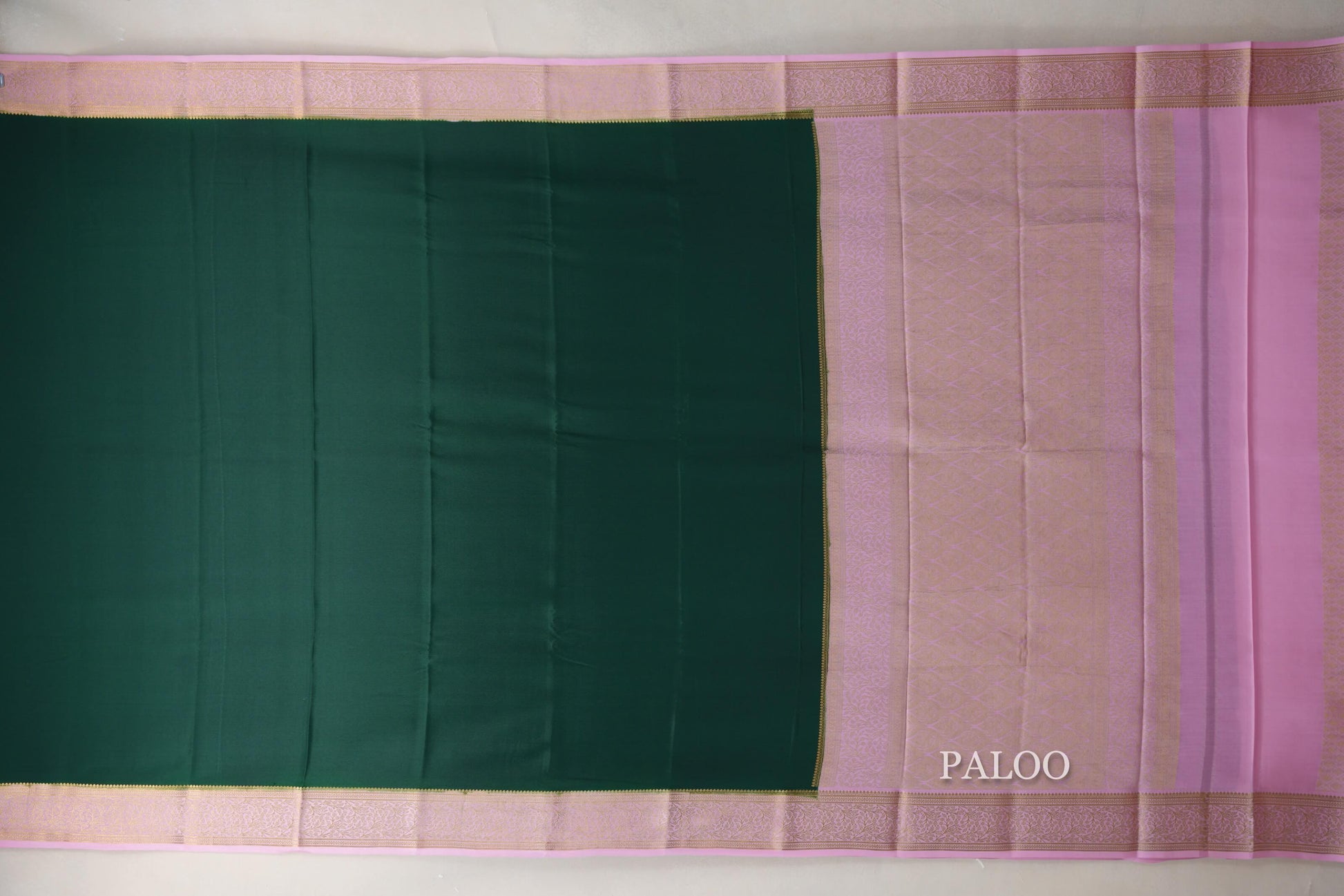 Bottle Green with Baby Pink Borders Mysore Silk Saree paloo