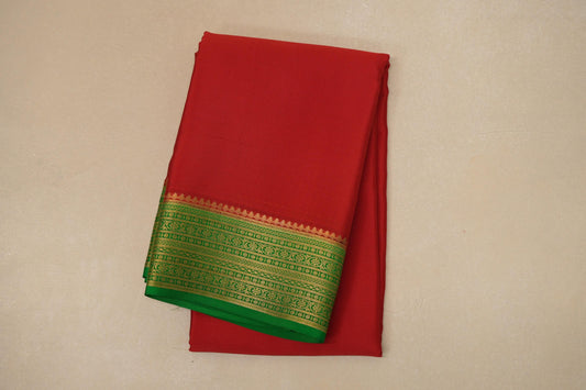 Bright red with Leaf Green border Mysore Silk Saree