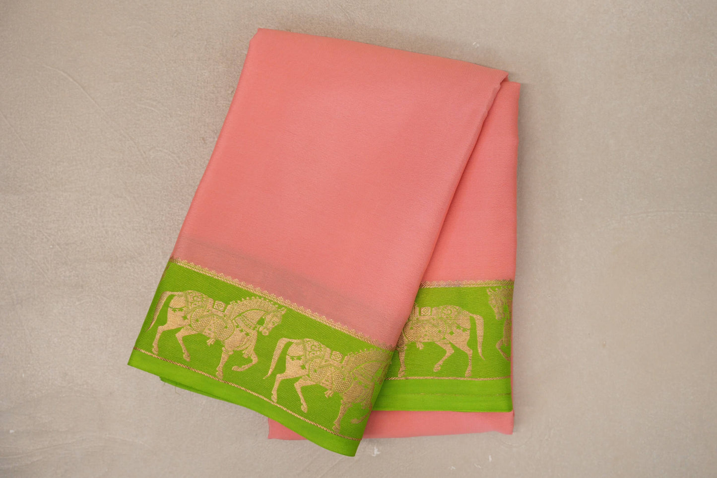 Peach Pink with Parrot Green Borders Mysore Silk Saree 