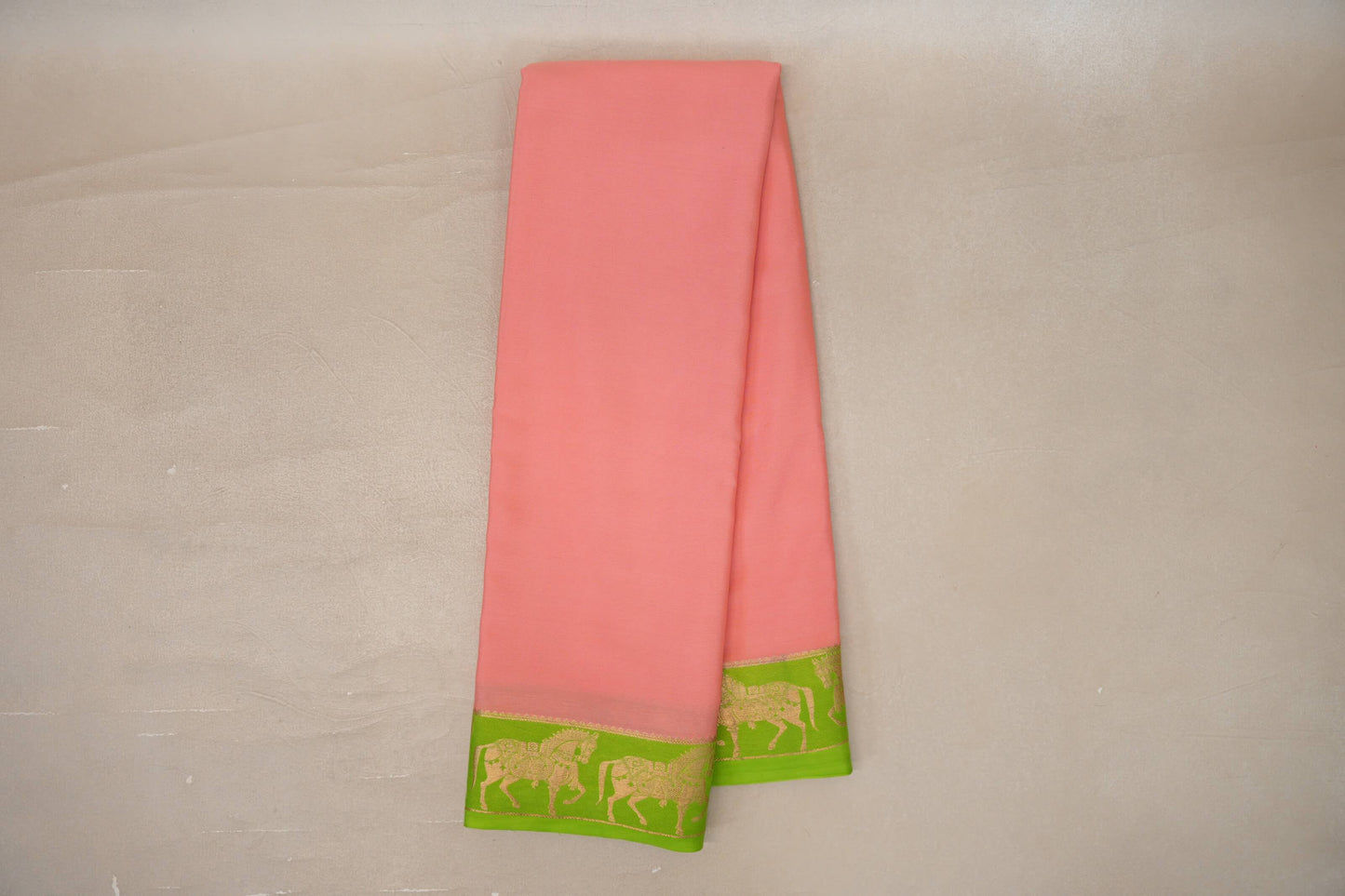 Online Peach Pink with Parrot Green Borders Mysore Silk Saree 