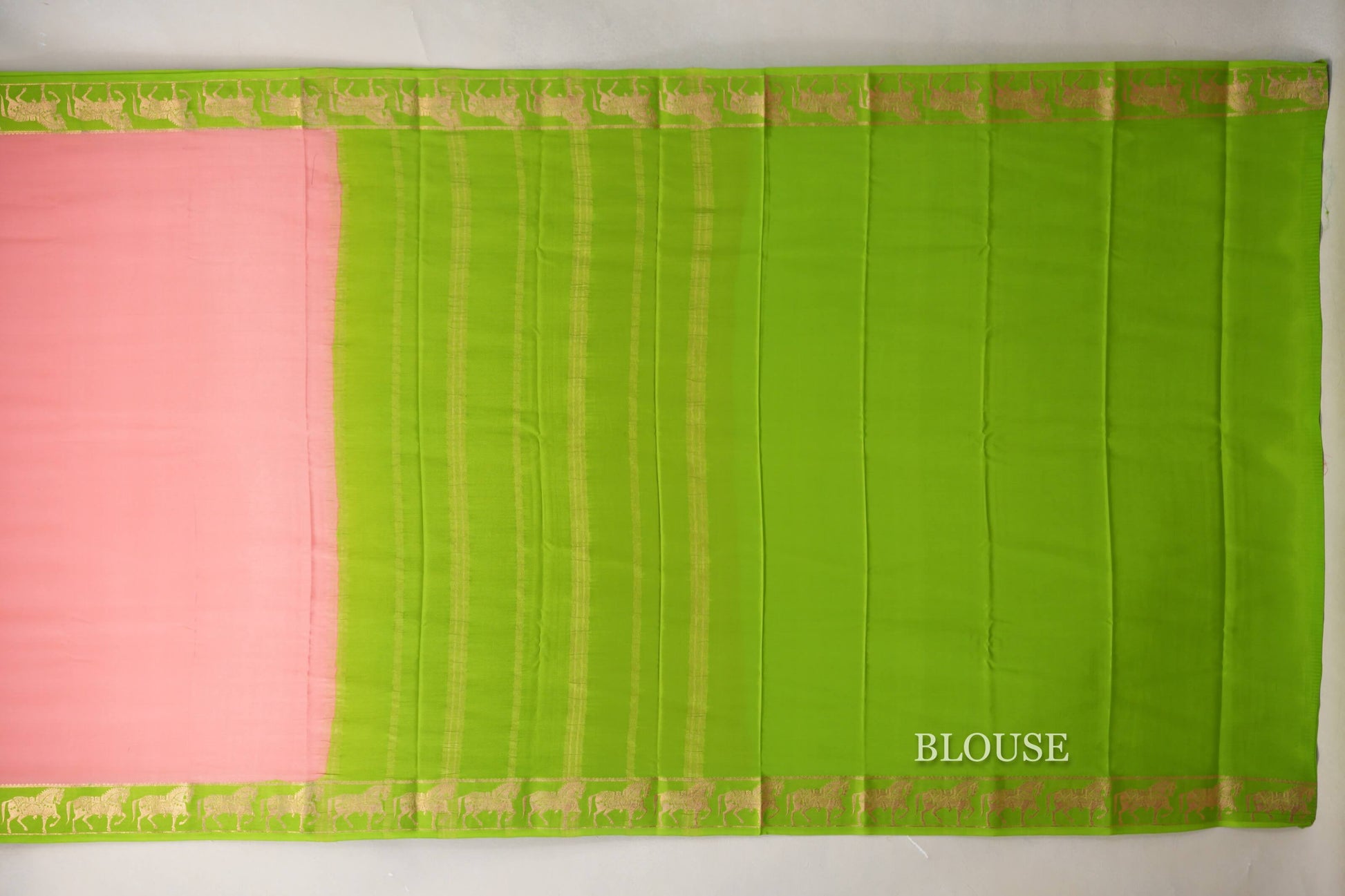 Peach Pink with Parrot Green Borders Mysore Silk Saree blouse