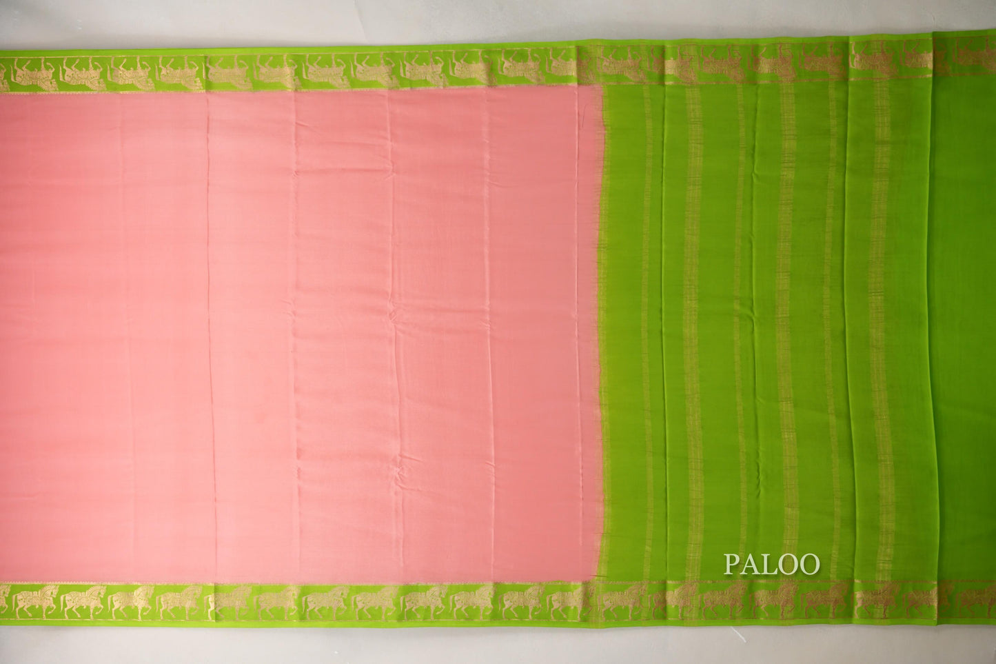 Peach Pink with Parrot Green Borders Mysore Silk Saree paloo
