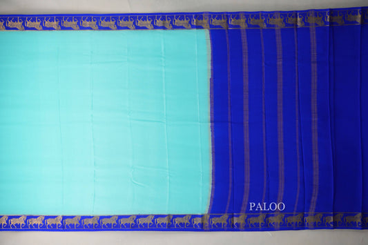 Light Sky Blue with Royal Blue Borders Mysore Silk Saree paloo