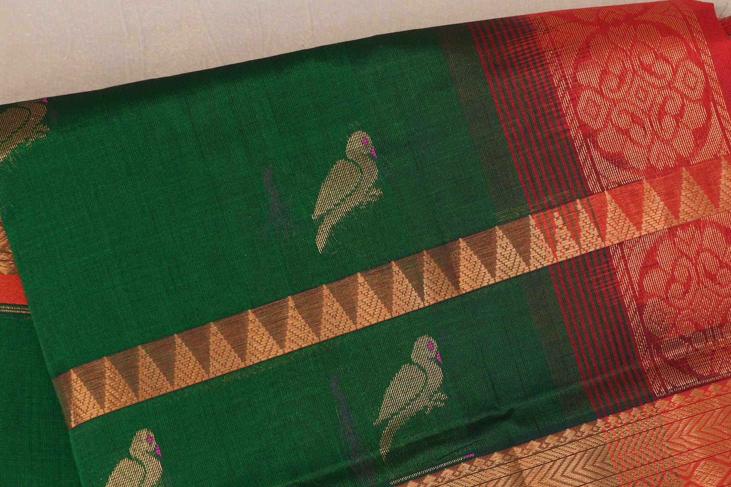 Dark Forest green with Bright Red Borders Vintage Silk Cotton Saree body