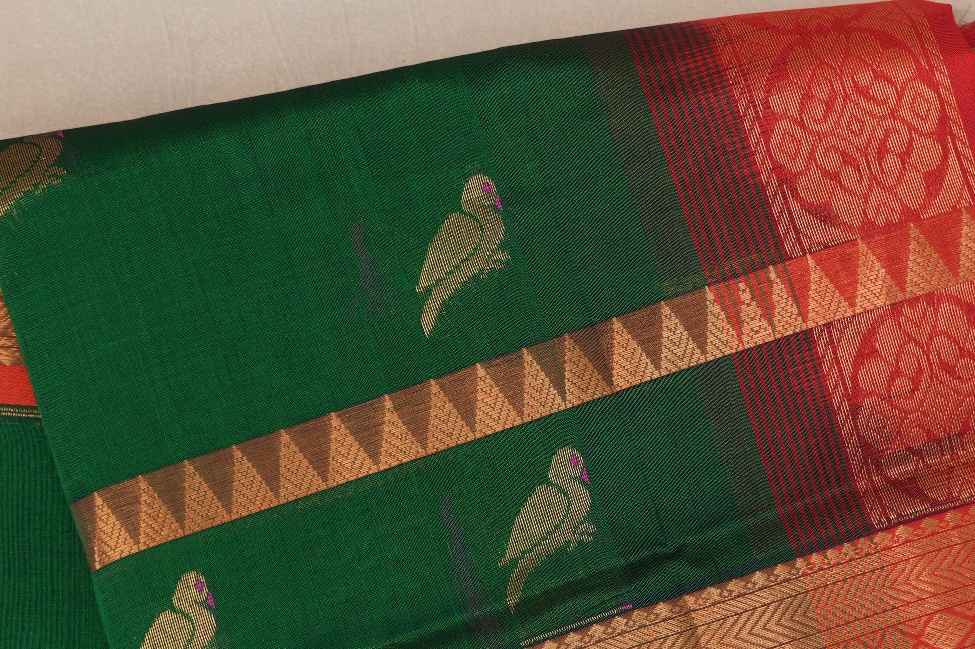 Dark Forest green with Bright Red Borders Vintage Silk Cotton Saree body