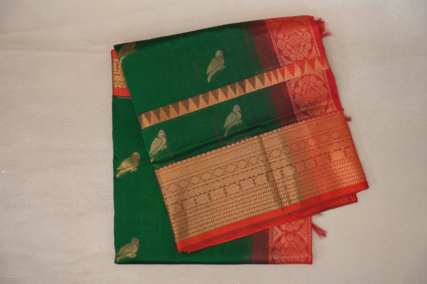 Dark Forest green with Bright Red Borders Vintage Silk Cotton Saree 