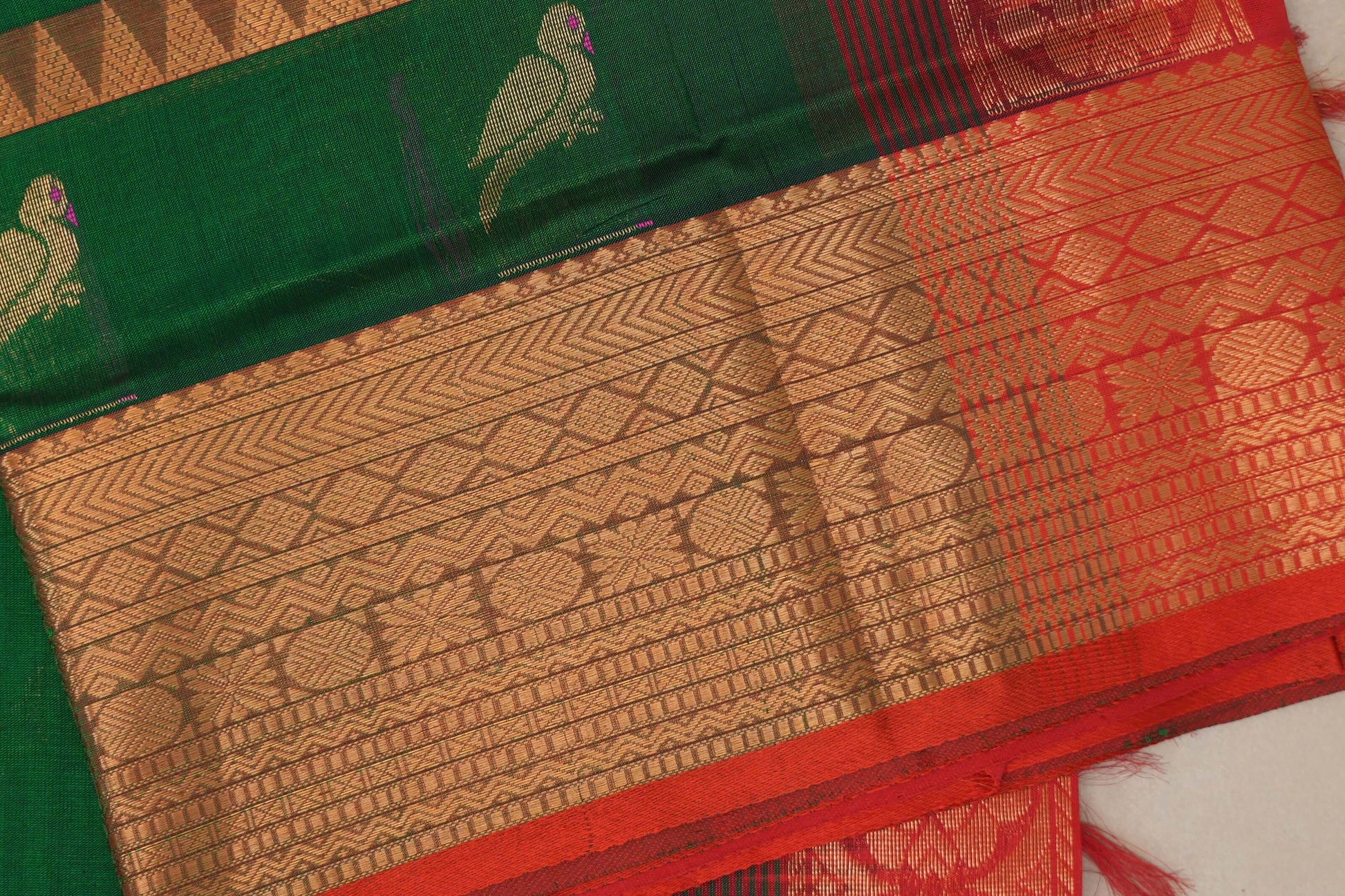 Dark Forest green with Bright Red Borders Vintage Silk Cotton Saree border