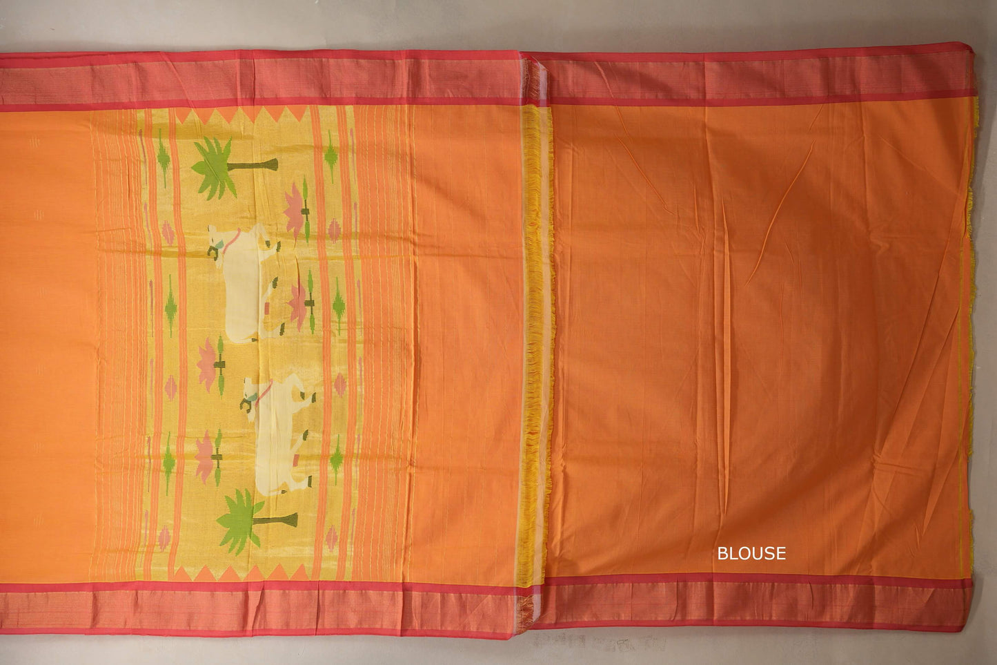  Deep Mango Yellow Paithani Cotton Saree  blouse
