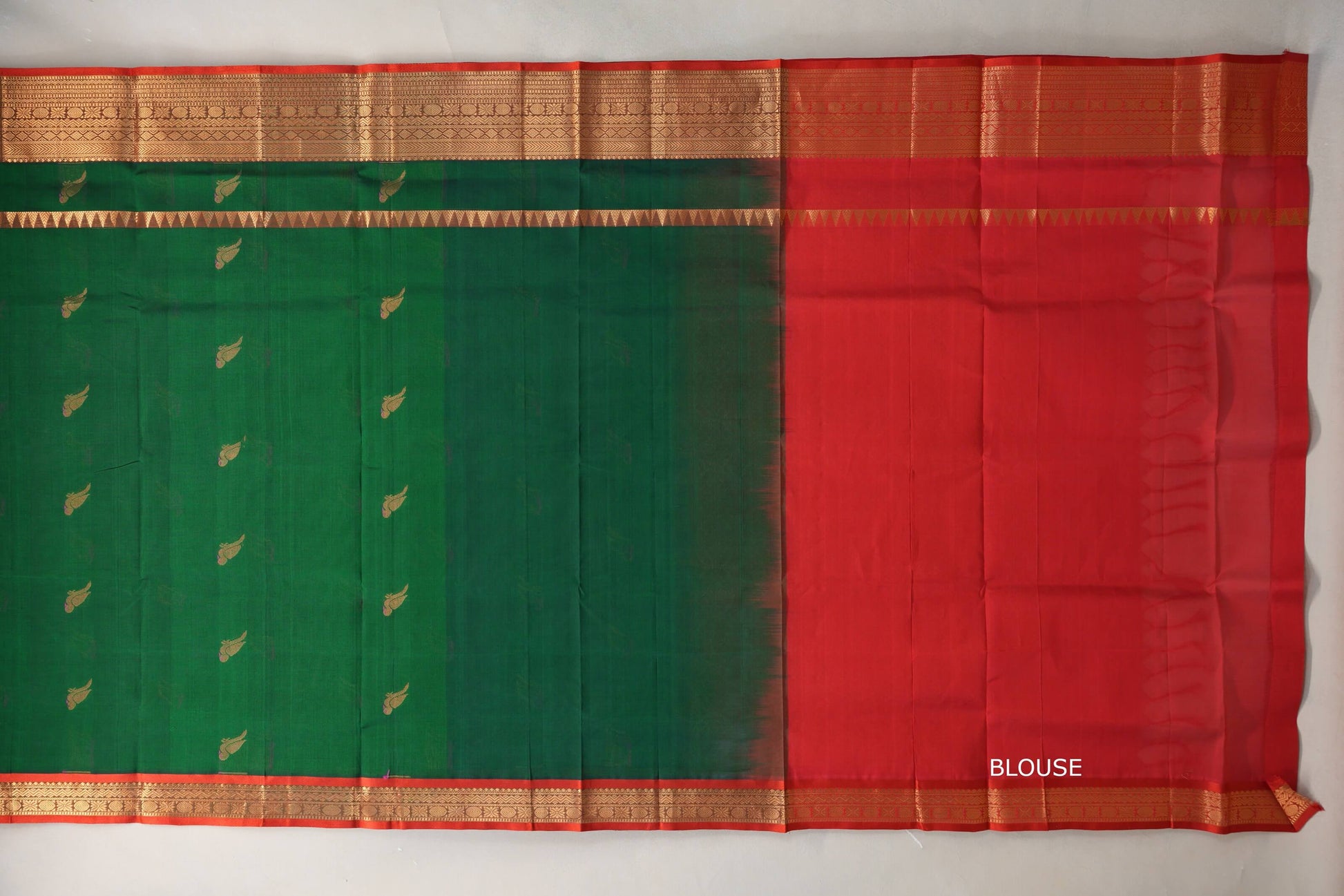 Dark Forest green with Bright Red Borders Vintage Silk Cotton Saree  blouse