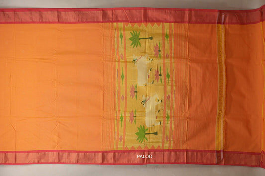 Deep Mango Yellow Paithani Cotton Saree  paloo