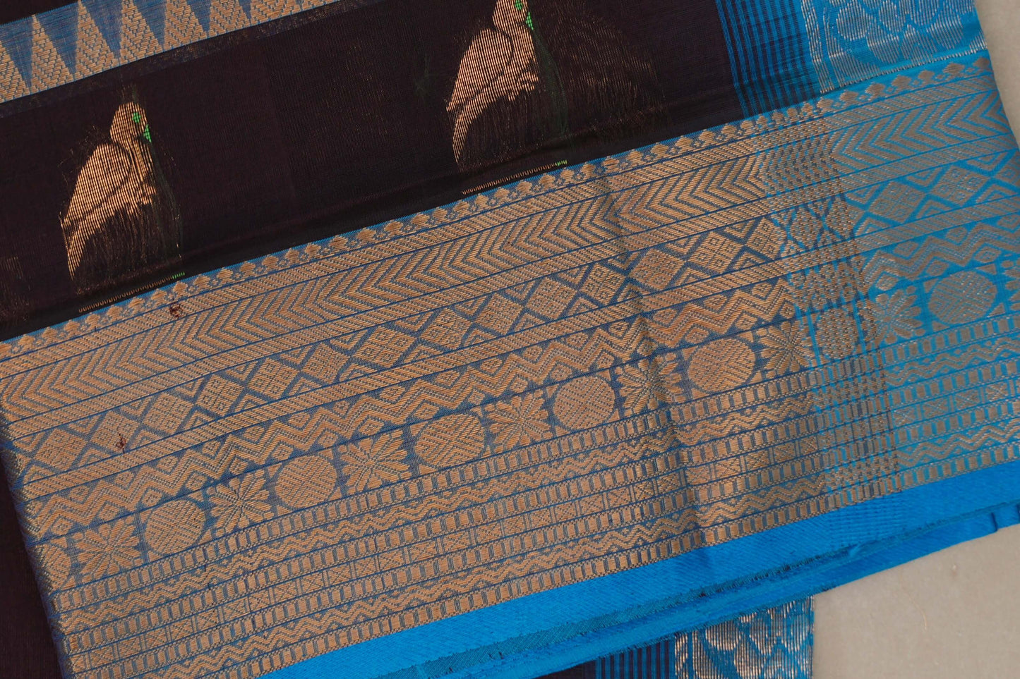 Deep plum with Bright Sky Blue Borders Vintage Silk Cotton Saree  borders
