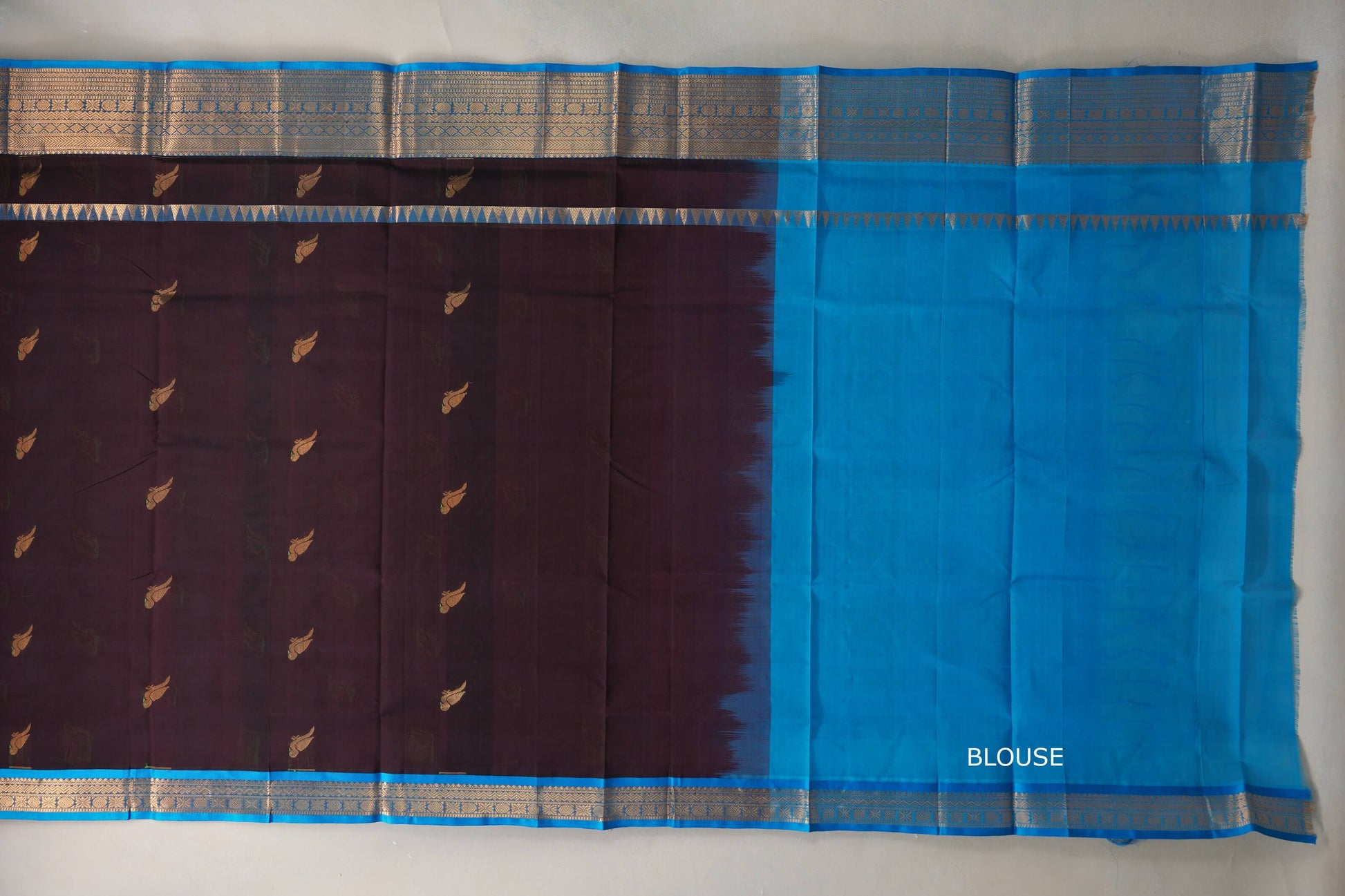 Deep plum with Bright Sky Blue Borders Vintage Silk Cotton Saree  blouse