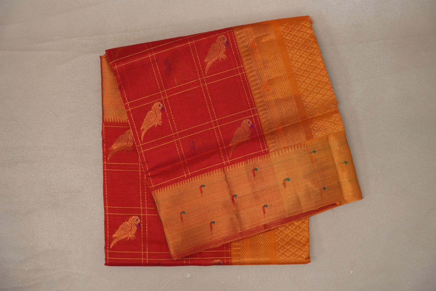 Tomato red with Mustard Orange Borders Vintage Silk Cotton Saree