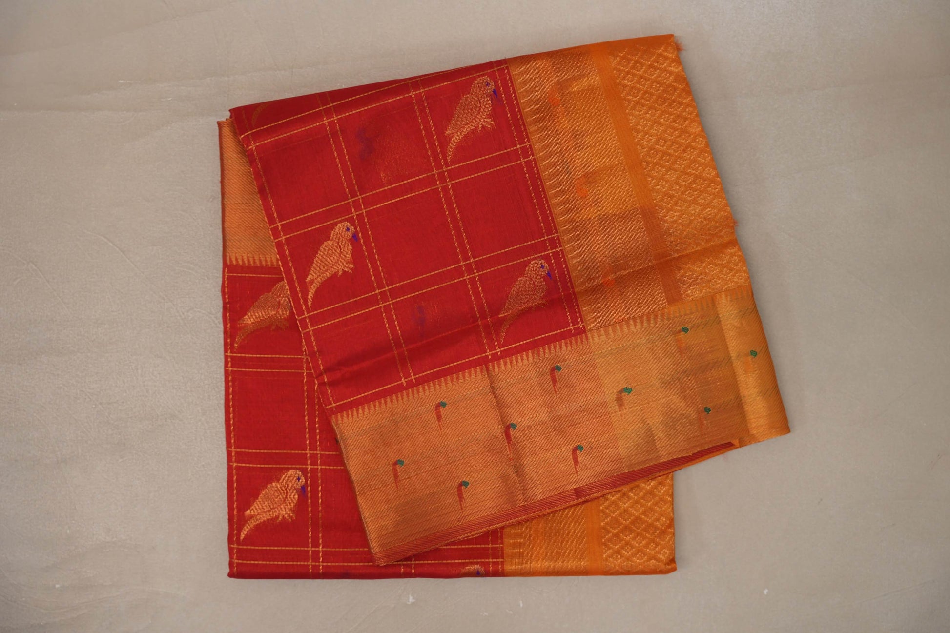 Tomato red with Mustard Orange Borders Vintage Silk Cotton Saree
