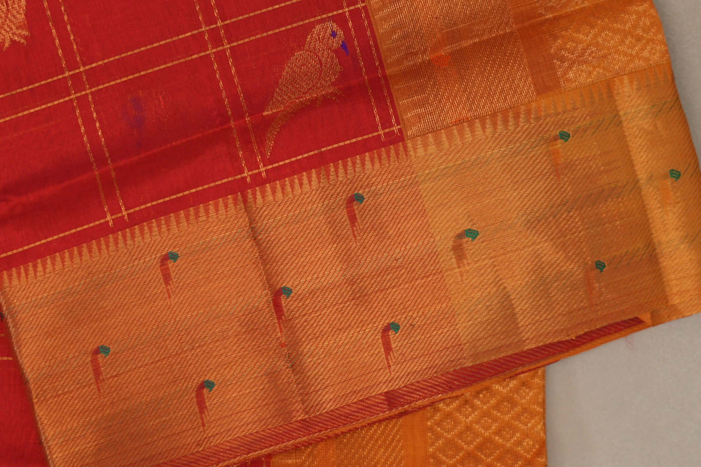 Tomato red with Mustard Orange Borders Vintage Silk Cotton Saree borders