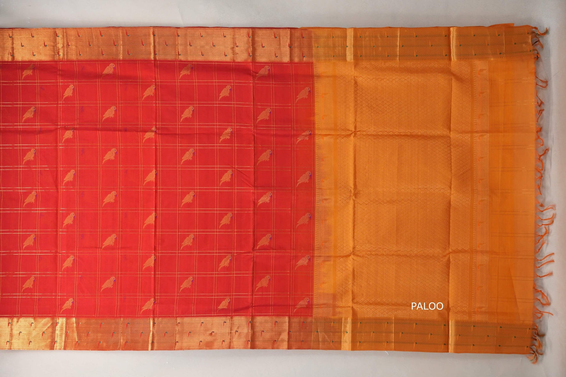 Tomato red with Mustard Orange Borders Vintage Silk Cotton Saree paloo