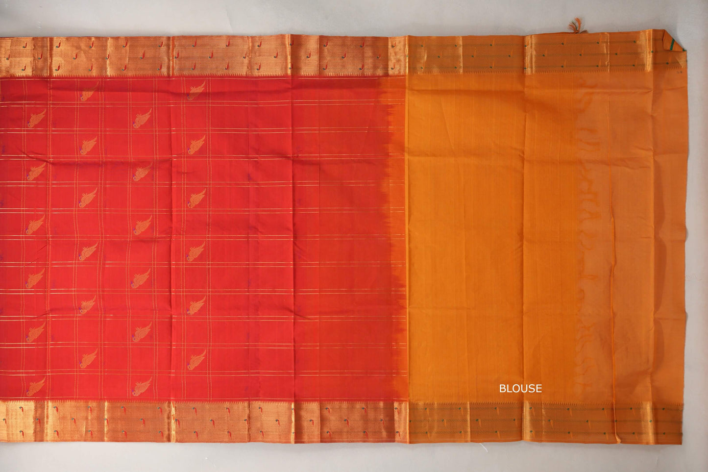 Tomato red with Mustard Orange Borders Vintage Silk Cotton Saree blouse