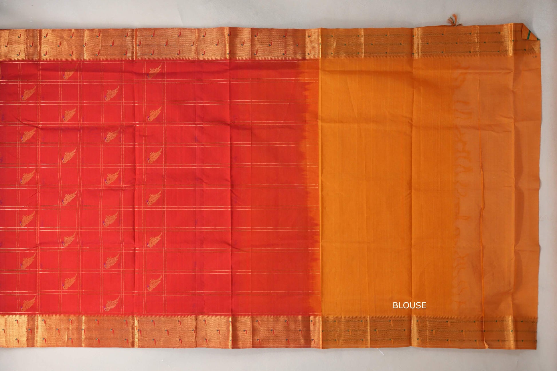 Tomato red with Mustard Orange Borders Vintage Silk Cotton Saree blouse