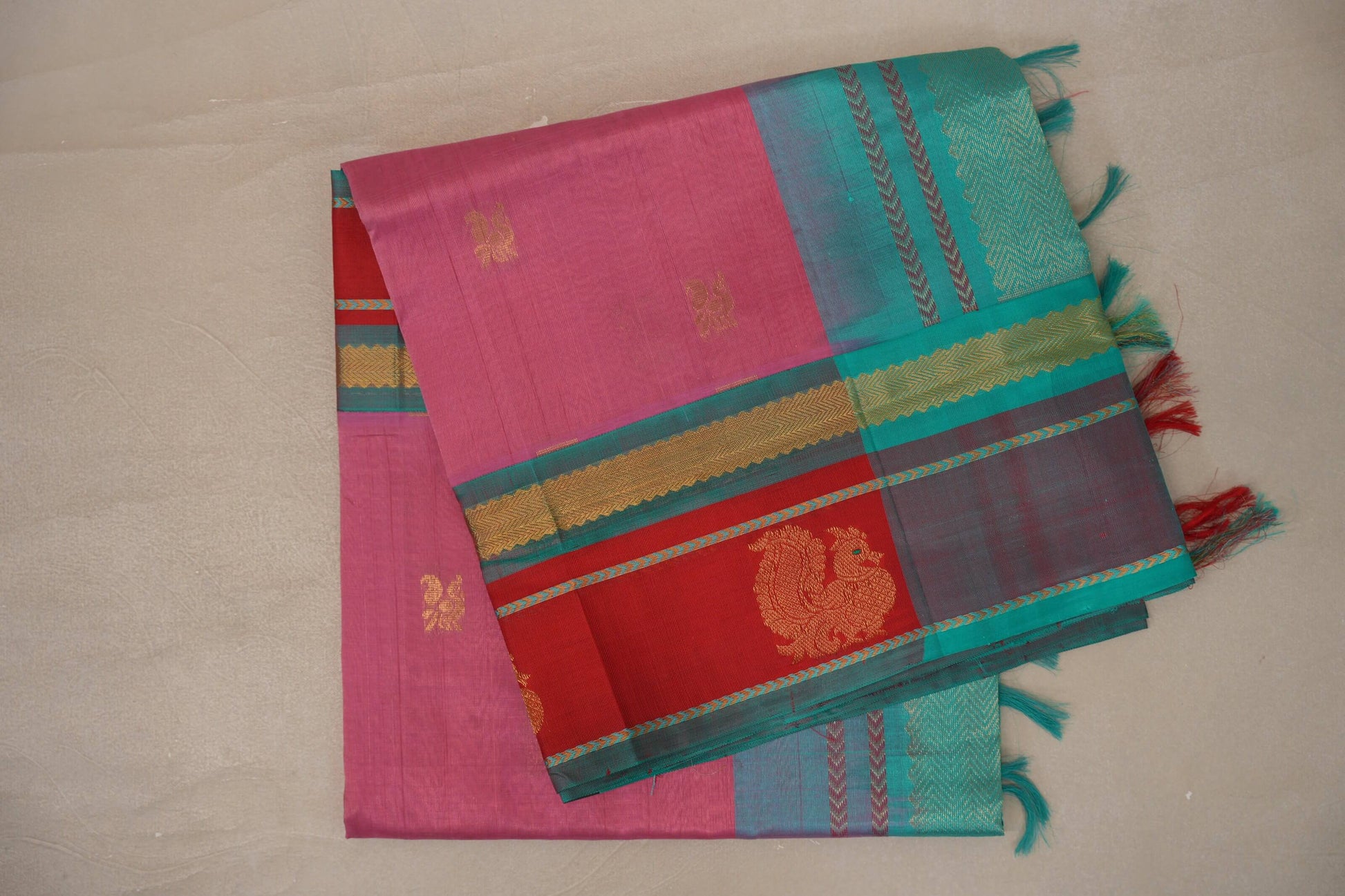 Onion pink with Rama Green Borders Vintage Silk Cotton Saree