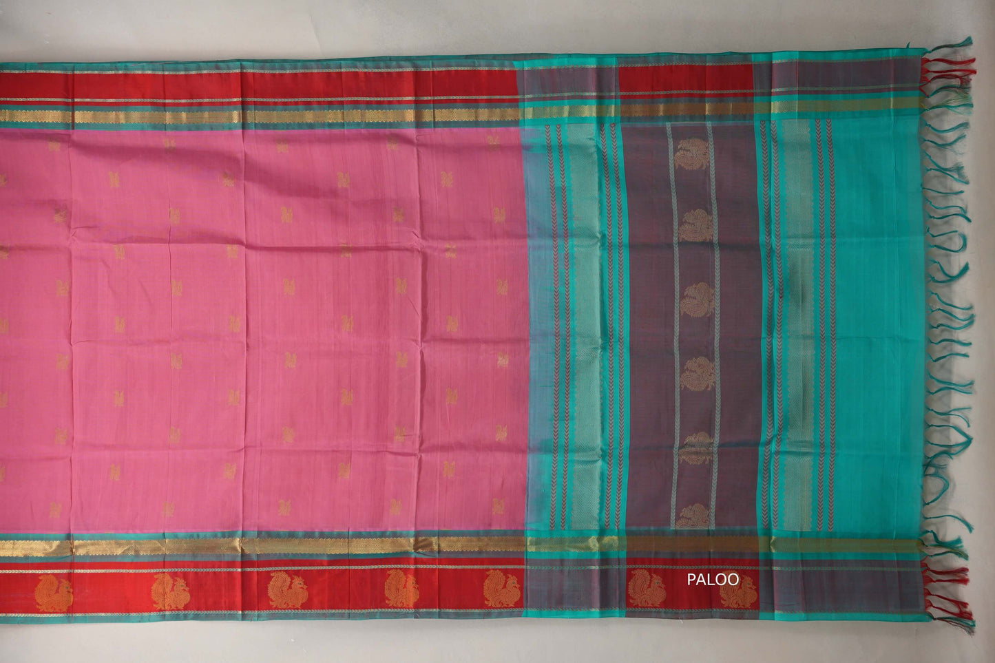 Onion pink with Rama Green Borders Vintage Silk Cotton Saree paloo