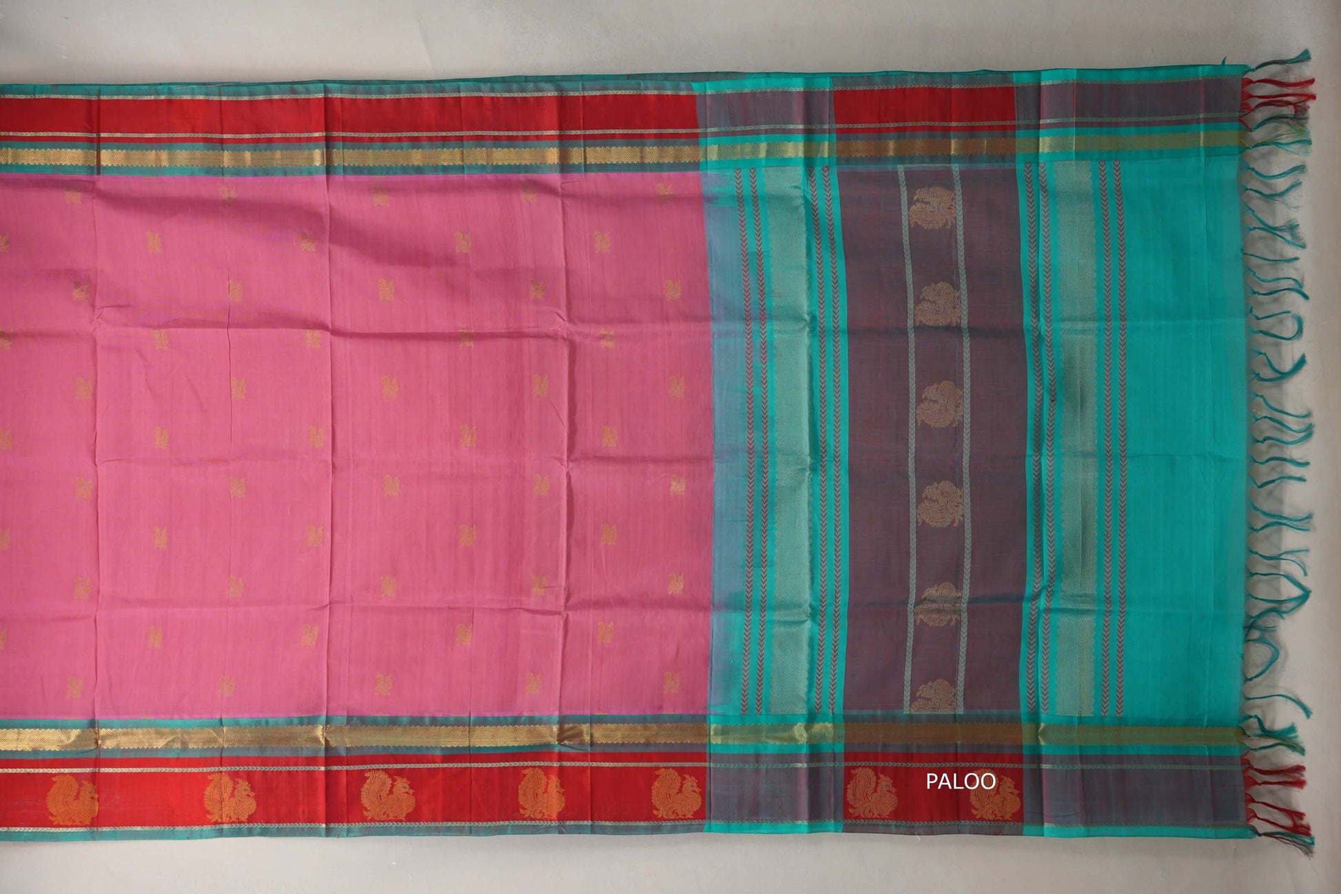 Onion pink with Rama Green Borders Vintage Silk Cotton Saree paloo
