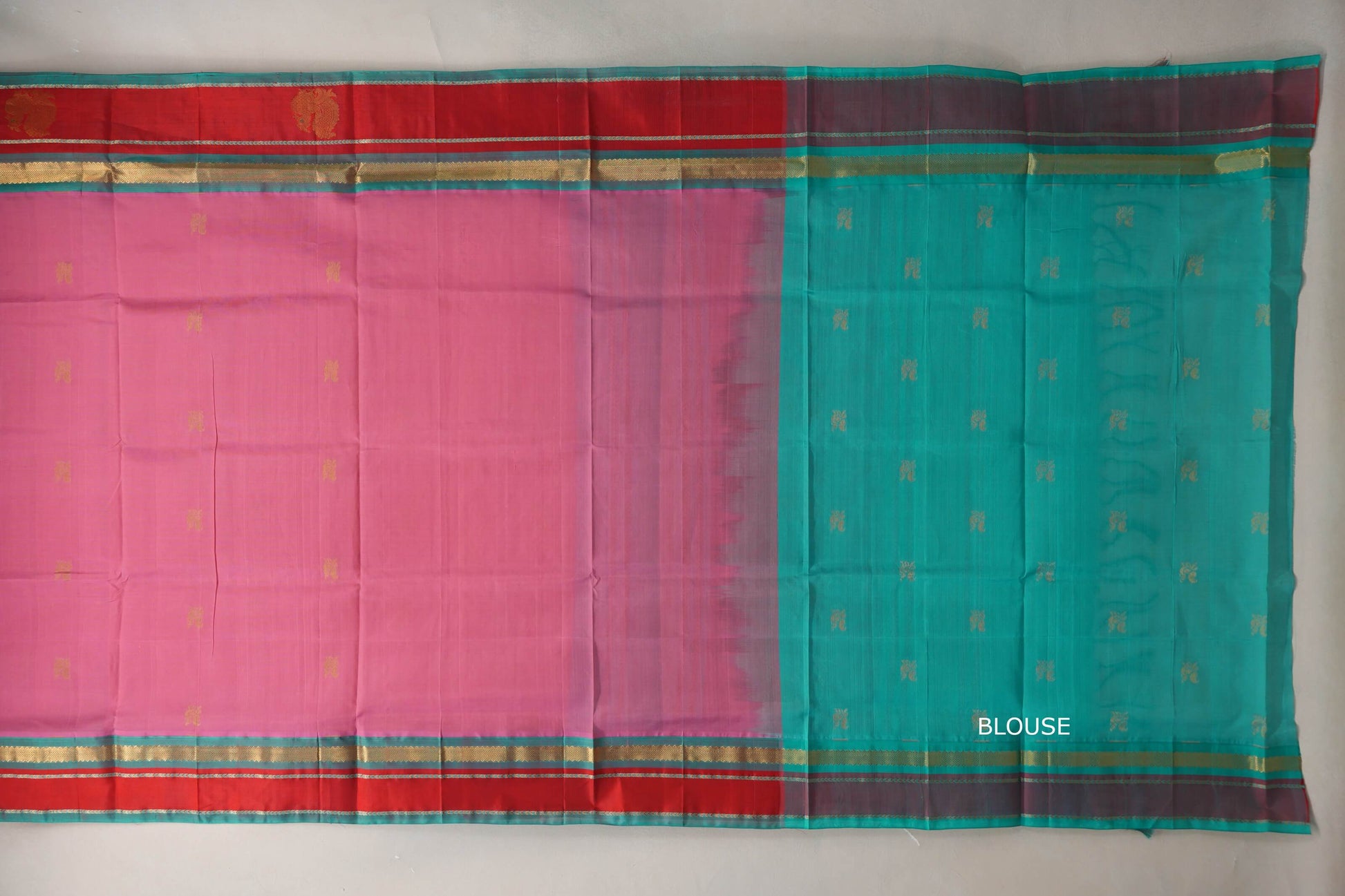 Onion pink with Rama Green Borders Vintage Silk Cotton Saree blouse