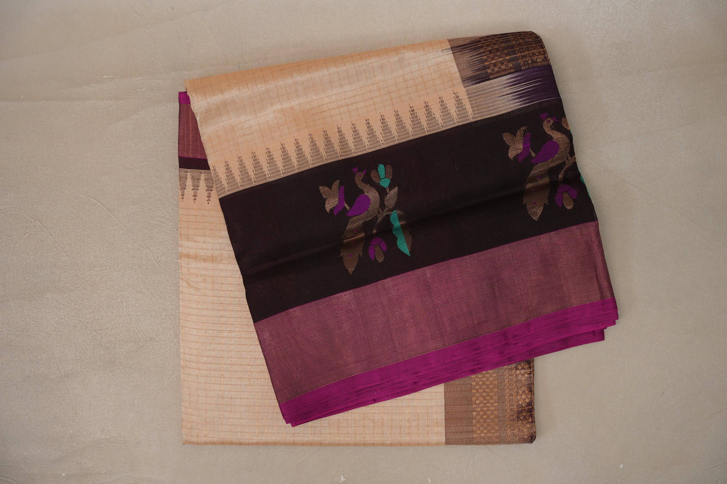Sandal cream with Deep Coffee Brown Borders Vintage Silk Cotton Saree