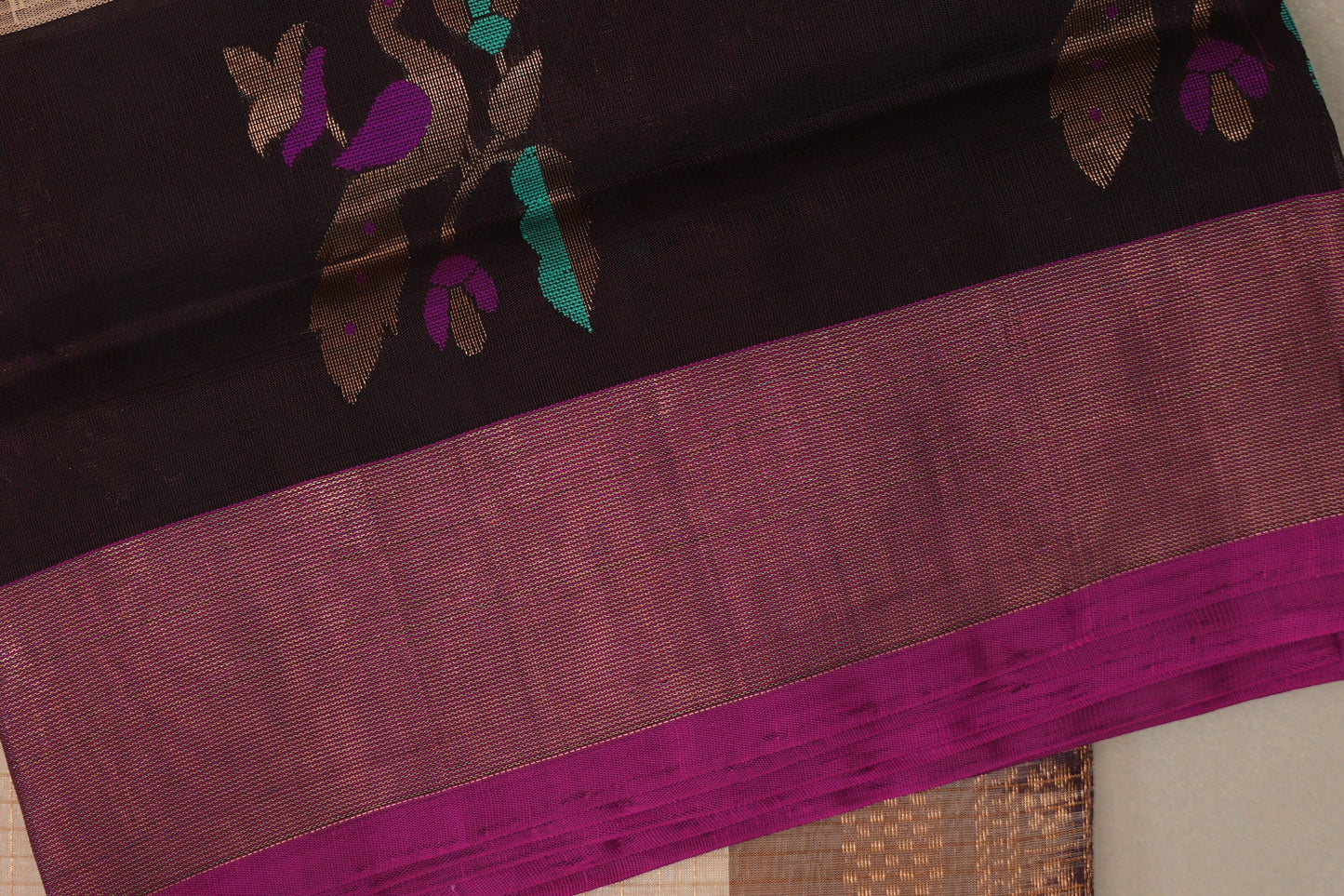Sandal cream with Deep Coffee Brown Borders Vintage Silk Cotton Saree border