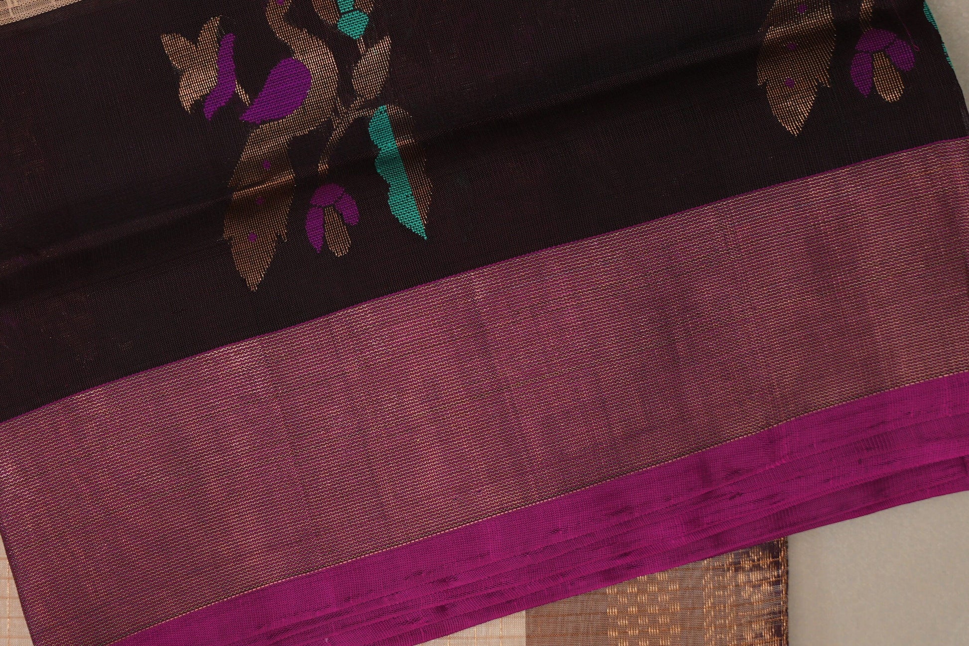 Sandal cream with Deep Coffee Brown Borders Vintage Silk Cotton Saree border