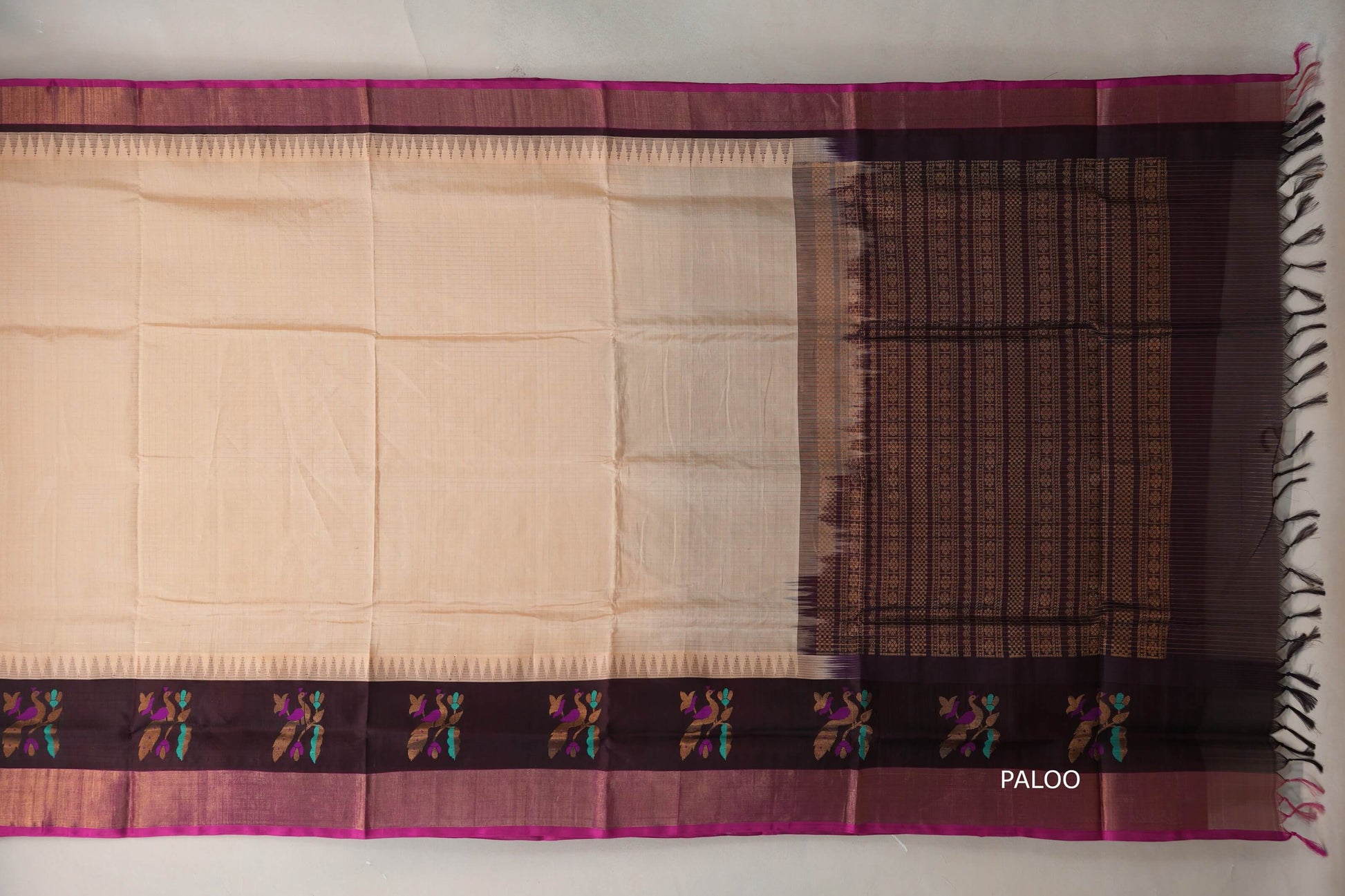 Sandal cream with Deep Coffee Brown Borders Vintage Silk Cotton Saree paloo