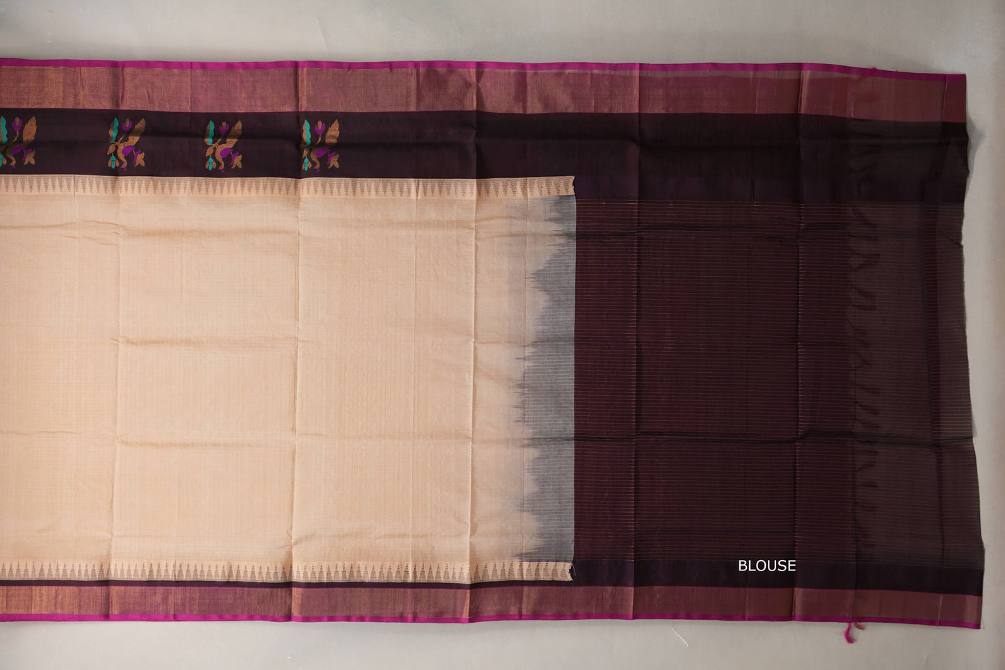 Sandal cream with Deep Coffee Brown Borders Vintage Silk Cotton Saree blouse