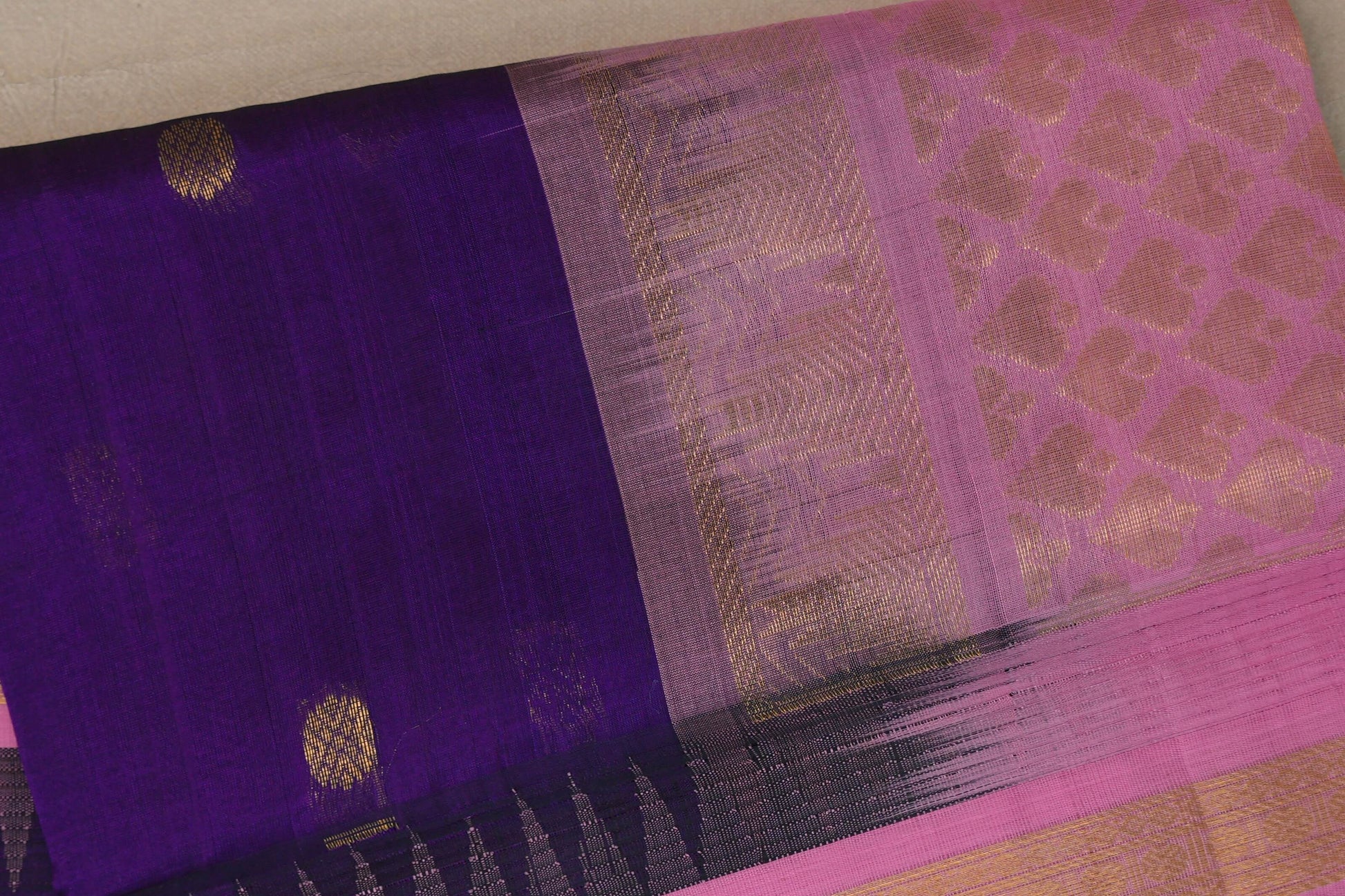 Deep purple with Dusty Rose Borders Vintage Silk Cotton Saree body